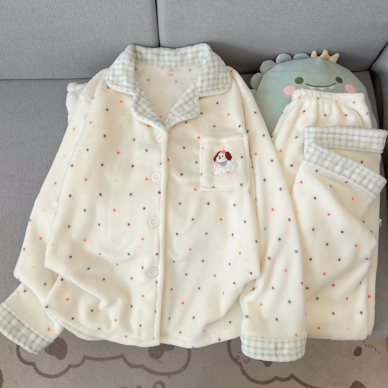 Color-Blocked Puppy Winter Pajamas, Coral Fleece, Cute Cartoon, Warm, Student, Sweet, Girly, Comfortable, Can Be Worn Outside, Loungewear Color-Blocked Puppy Winter Pajamas, Coral Fleece, Cute Cartoon, Warm, Student, Sweet, Girly, Comfortable, Can Be Worn Outside, Loungewear