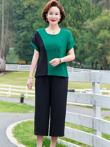 Модная летняя одежда для матери, комплект, футболка с коротким рукавом для пожилых людей, из хлопка и льна, в западном стиле, для среднего возраста