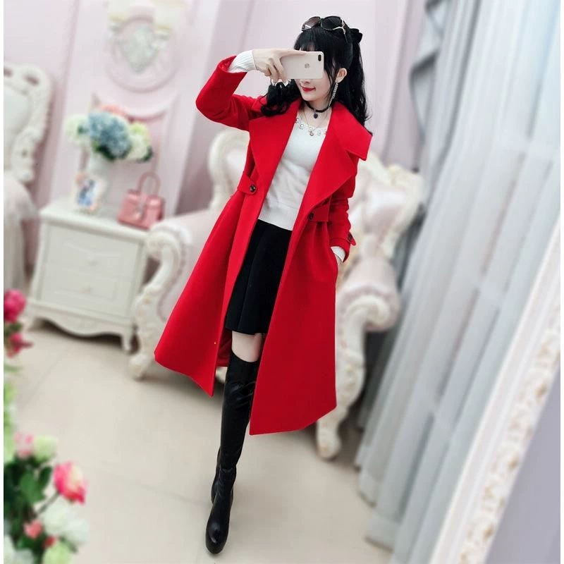 Khí hậu mùa đông mới của phụ nữ phiên bản Hàn Quốc của áo choàng màu đỏ mỏng, áo len mỏng và áo len dài - Trung bình và dài Coat