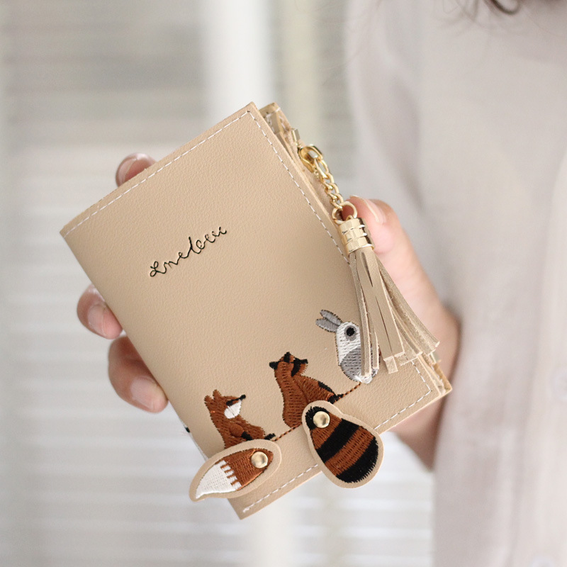 Scarecrow Fresh Style Women's Embroidered Cute Cartoon Wallet Korean Version Short Tassel Zipper 2-Fold Folding Coin Purse