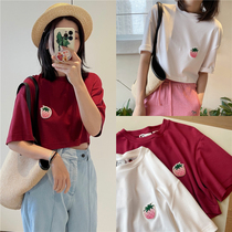 Juneshan 8ON8 strawberry series white wine red pink color toothbrush embroidered strawberry retro short T-shirt