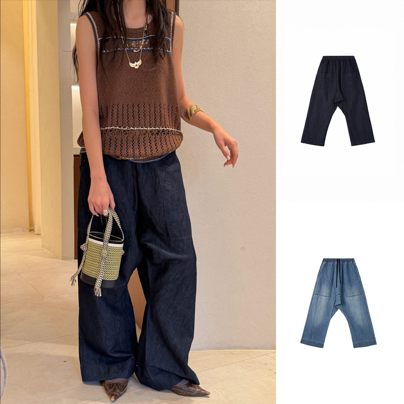 Raw Stone's Main Product Is Cotton and Linen Elastic Waist Low-Rise Casual Denim Crotch Pants for Women, New Spring/Summer 26 Model
