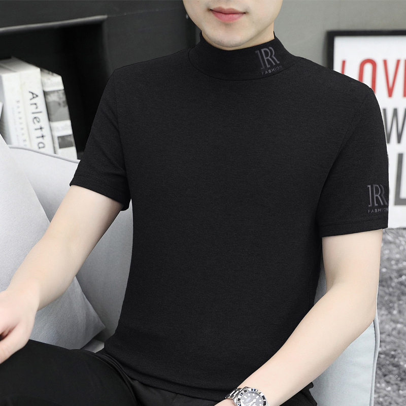 Men's Short-Sleeved Top with a Medium-High Collar, Black T-Shirt, Slim Fit, White Half-High Collar, Half-Sleeve, 2026 New Style, Regular Shoulder, High-End Feel