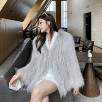 2020 new raccoon wool woven fur coat female long V collar Joker net fox fur long sleeve coat