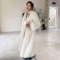 Riding the wind and waves station C- position raccoon wool woven fur coat female sheepskin suit collar over the knee long coat thin