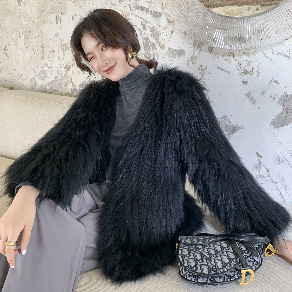 Double Warm 2021 Autumn Winter Raccoon Dog Fur Bifacial Weave Leather Grass Women's Dress Jacket Mid-Length V collar Slim Coat