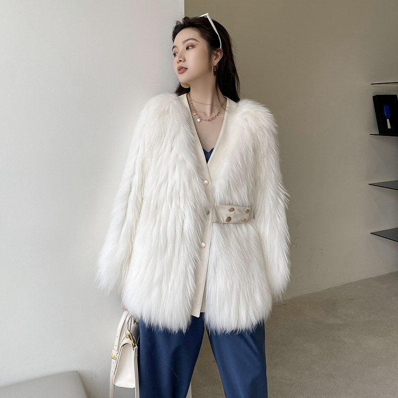 Apex beauty raccoon fur car strip fur coat women's belt slimming fox fur coat mid-length version