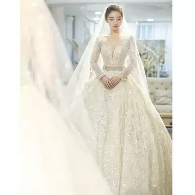 Starry sky main wedding dress long-sleeved 2021 new bridal temperament forest super fairy dream French high-end big tail luxury