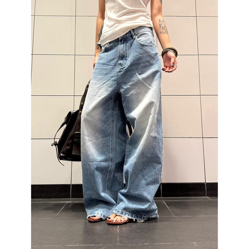 American Retro Washed Blue Straight-Leg Jeans for Men and Women, Trendy Loose Wide-Leg Casual Long Pants ins
