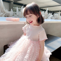  Girls  dresses 2021 summer new childrens clothes Western style short-sleeved mesh skirt baby puffy princess skirt tide
