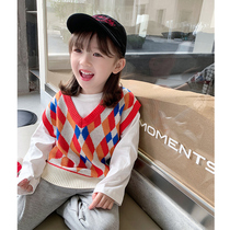  Childrens clothing 2021 spring new girls Korean knitted waistcoat childrens baby western style sleeveless sweater top tide