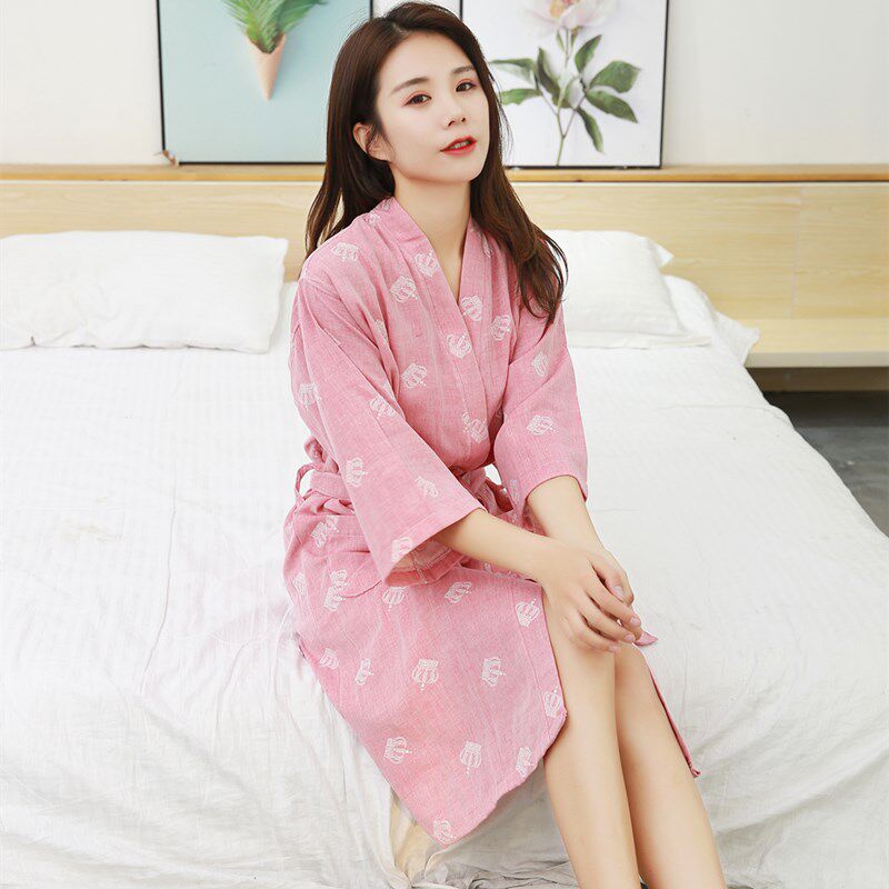 Spring and summer thin pajamas cotton yukata ladies bathrobe double layer gauze nightgown water absorption quick dry bath dress housewear