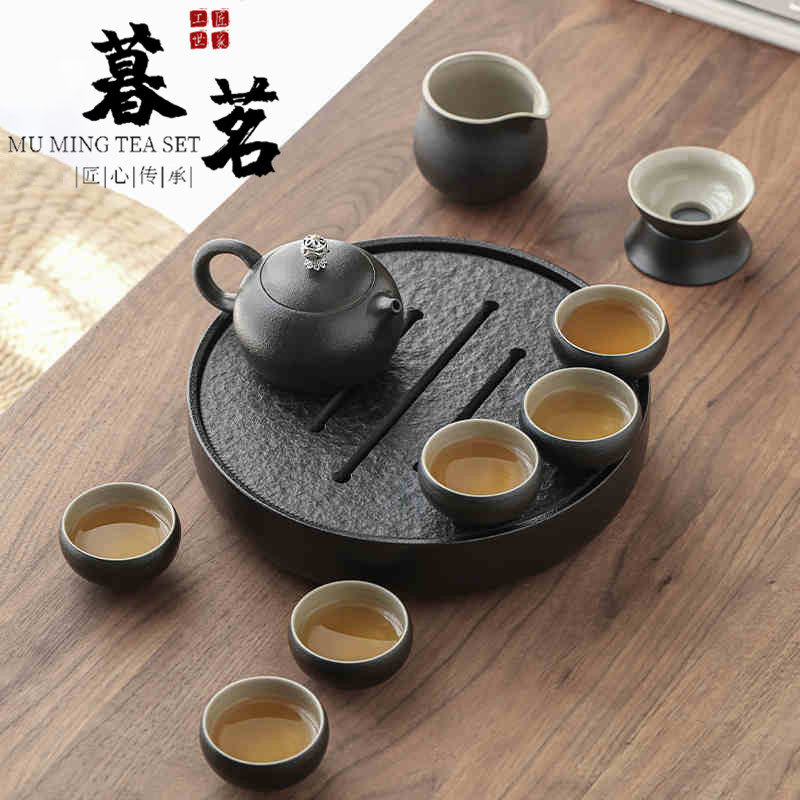 LENIBERK Black Pottery Kung Fu Tea Set Group Modern Minimalist Home Office of the Living Room Ukkim Stone Tea