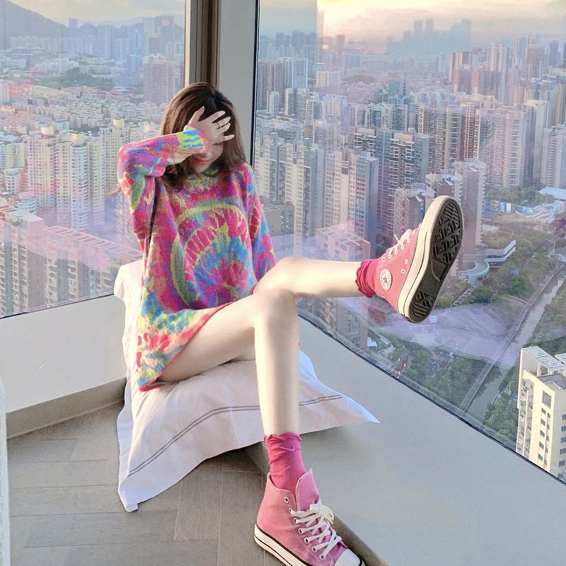Colorful Tie-Dye Knit Sweater for Women, Spring and Autumn Wear, Shenzhen European Style, Oversized Pullover, Casual Mid-Length Rainbow Sweater Colorful Tie-Dye Knit Sweater for Women, Spring and Autumn Wear, Shenzhen European Style, Oversized Pullover, Casual Mid-Length Rainbow Sweater