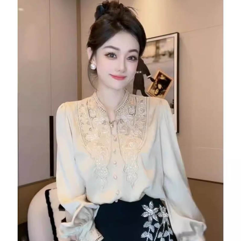 French Court Style Shirt for Women 2026 New Spring Embroidered Lace Textured Satin Milk Tea Color Fashion Shirt