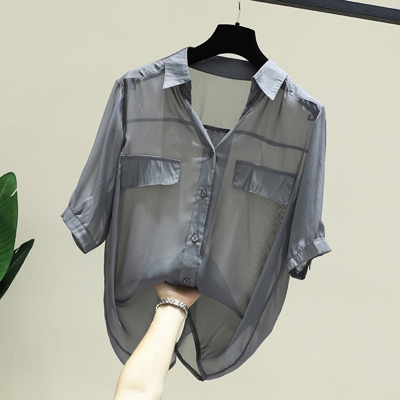 Chiffon Shirt Women's Short-Sleeved Summer European Large Size Slightly See-Through Shirt Sexy Western Style Ice Silk Sun Protection Clothing Half-Sleeved Jacket