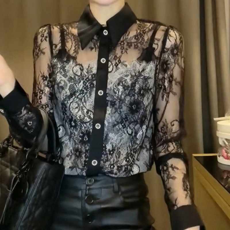 Black Lace Shirt Women's Early Autumn European Style Top Slightly See-Through Jacquard Blouse Mesh Long-Sleeve Sexy Base Shirt