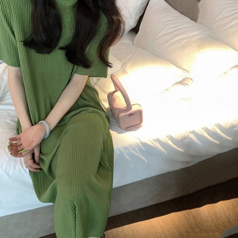 Green Striped Over-The-Knee Long Dress for Women, Summer European Style Plus Size T-Shirt Dress, Pear-Shaped Body Fit, Knitted Dress Green Striped Over-The-Knee Long Dress for Women, Summer European Style Plus Size T-Shirt Dress, Pear-Shaped Body Fit, Knitted Dress
