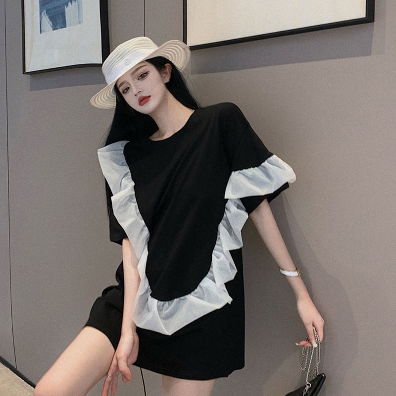 French Hepburn Style Patchwork Mesh Ruffle Elegant Lady Dress Women's Summer Unique First Love Platycodon T-Shirt Dress