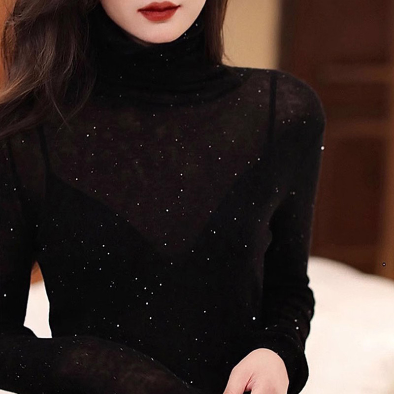 High-Neck Sequin Water-Soluble Wool Knit Sweater for Women, Spring and Autumn European Style New Base Sweater, Black Shiny Silk Unique Top