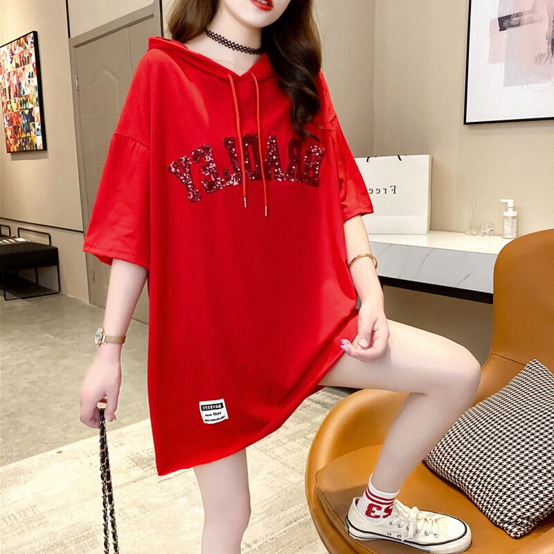 Hooded Short-Sleeved T-Shirt for Women, Summer European Style Sweatshirt Vest, Loose Mid-Length Hoodie, Red Sports Casual Top