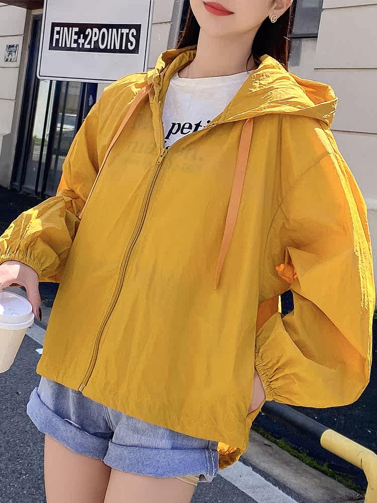 Summer sun protection clothing women's short hooded drawstring sun protection top loose all-match thin sun protection clothing 2021 new