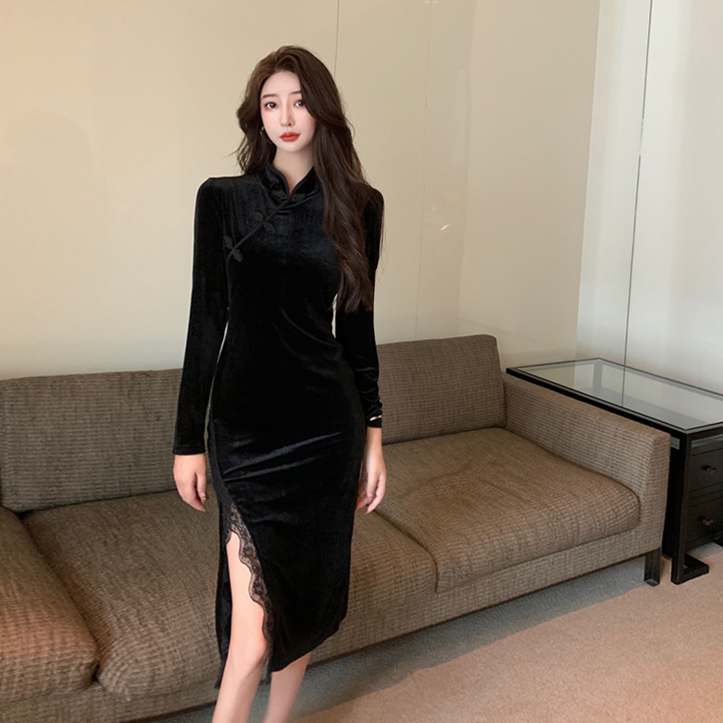 Retro black cheongsam, velvet elite dress, Chinese style Retro black cheongsam, velvet elite dress, Chinese style