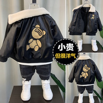 Boy leather clothes plus suede jacket genuine leather 2021 autumn and winter new foreign air baby thickened childrens handsome locomotive jacket