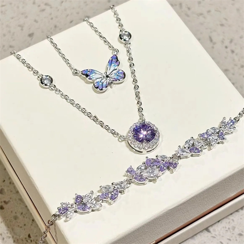 Wisteria Flower Three-Piece Set Necklace Bracelet Purple Dynamic Butterfly Light Luxury Design High-End Bracelet Gift for Girlfriend