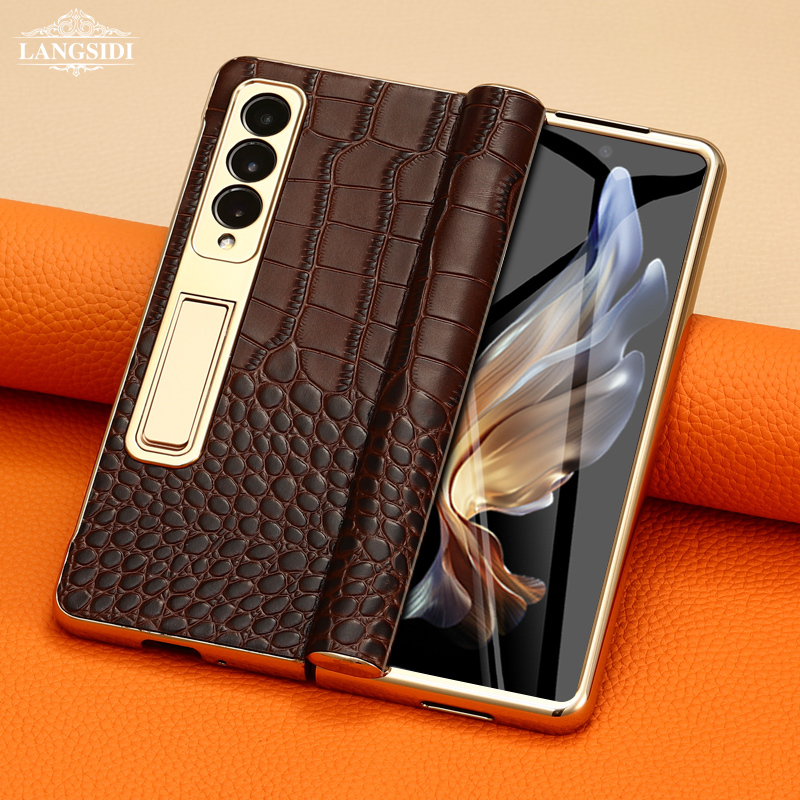 Suitable for Samsung Fold7 Phone Case, Genuine Leather Folding Screen W24 Central Axis Hinge Case with Integrated Film and Stand, Full Coverage Anti-Drop Fold6 Protective Case, Fold5 Unisex Model, W22 Ultra-Thin Phone Case