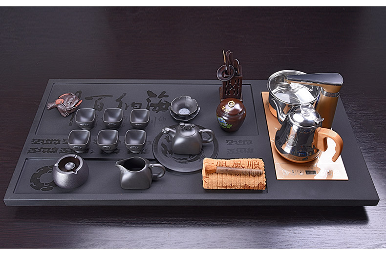 HaoFeng ceramic tea set suit household sharply stone solid wood tea tray was kung fu tea tea purple sand teapot teacup