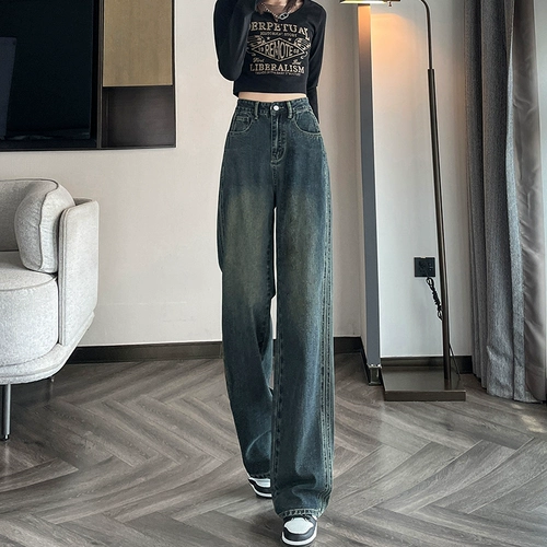 Джинсы, ретро осенние штаны, свободный прямой крой, высокая талия, с вышивкой