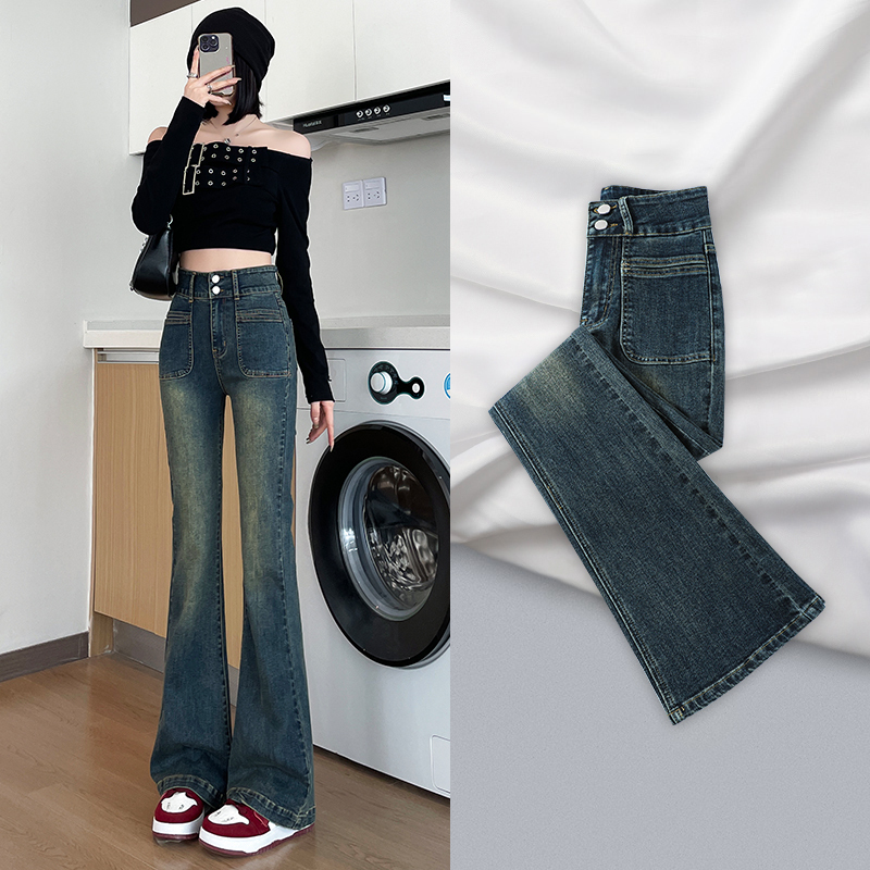 High-Waisted Double-Breasted Flared Jeans for Women, Spring and Summer, Slim Fit, Stretchy, Vintage Retro, Hip-Lifting, Bootcut Long Pants