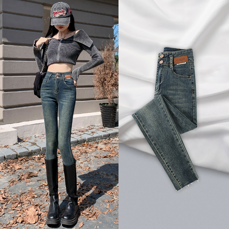 Cement Gray Skinny Jeans for Women, High-Waisted, Double-Button, Spring and Autumn, Tight-Fitting, Color-Blocked, Leather Label, Tummy Control, Pencil Bootcut Pants