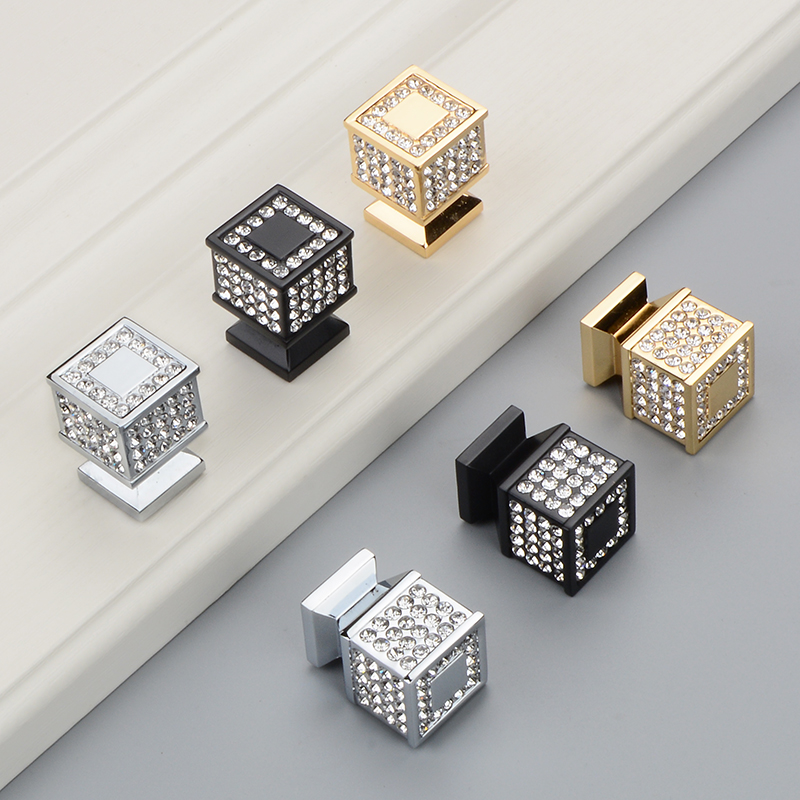 Golden Inlaid Drilling Crystal Handle Good Lepassenger Drawers Single Hole Cupboard Wardrobe Door Handle Square Black Nordic Style 