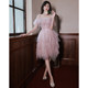 Evening dress female pink Mori fairy temperament French high-end sense short birthday host strap dress autumn and winter