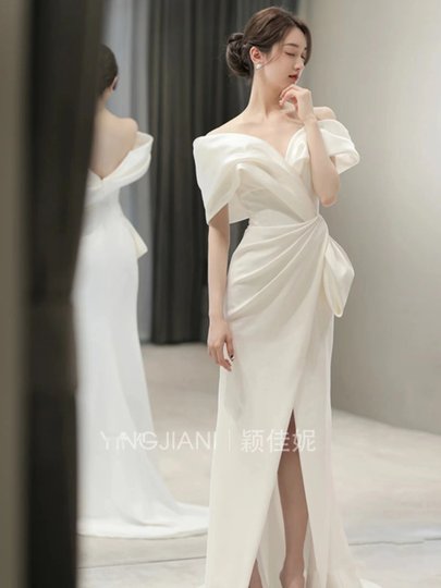 Белое вечернее платье с открытыми плечами для женщин, новинка 2025 года, элитное, для банкетов, повседневной носки, помолвки, церемоний, для ведущих