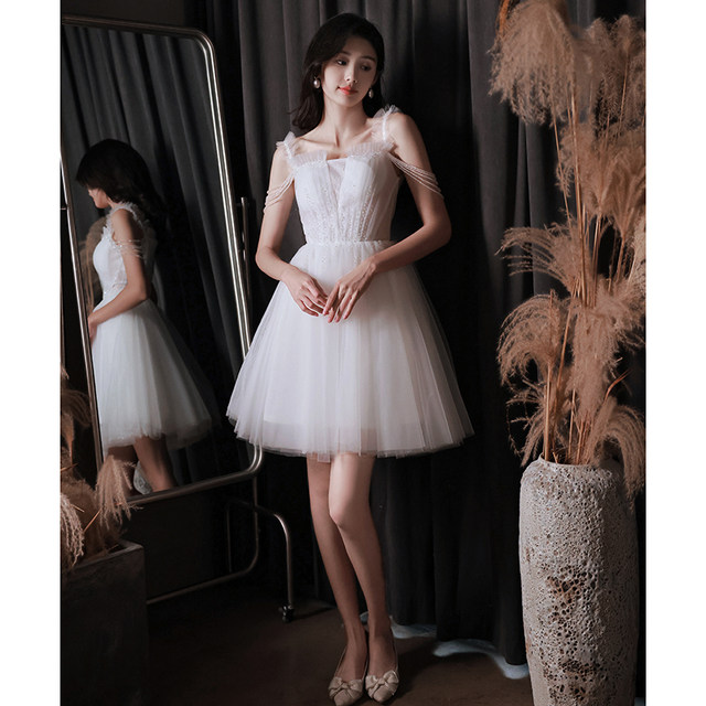 White small evening dress light luxury niche high-end female certificate birthday host temperament engagement dress autumn and winter