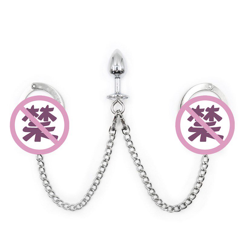 Lock chain with handcuffs hook to connect metal rear vestibule anal plug bow shaped back-back bundle bondage Erotic Supplies