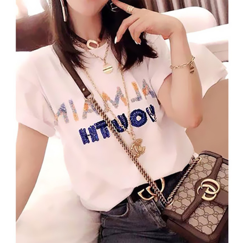 2023 summer new European goods Korean version loose sequined letters pure cotton round neck short-sleeved t-shirt women's white top tide
