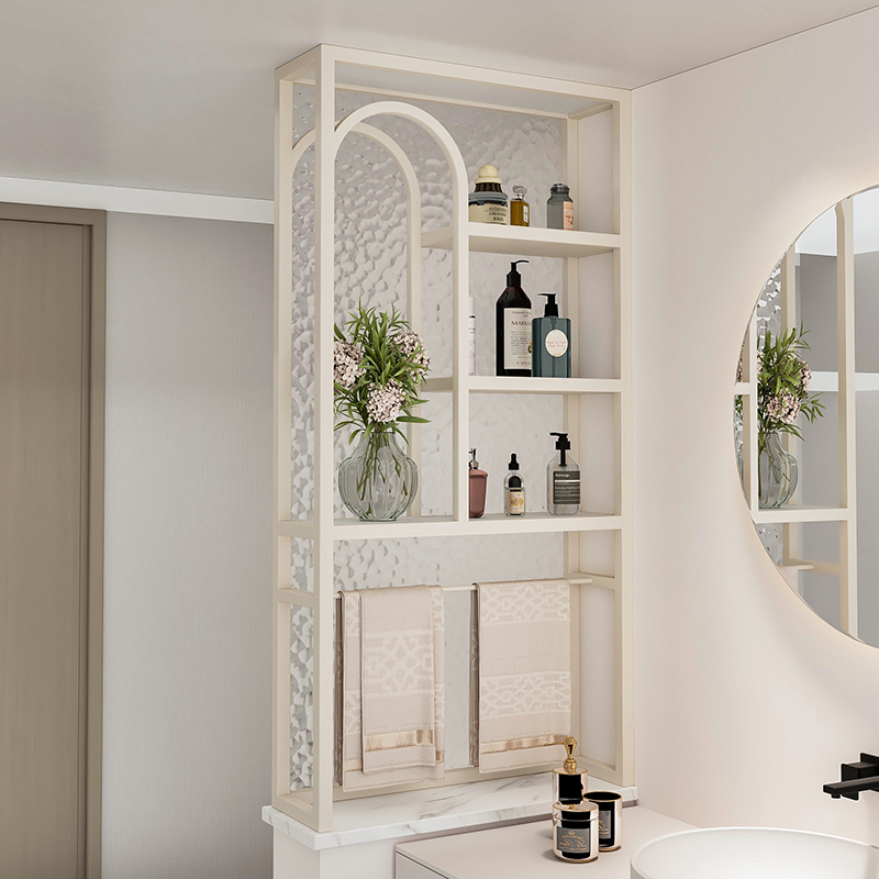 Cream-Colored Bathroom Vanity with Dry and Wet Area Storage Shelves, Long Wave-Patterned Glass Half-Wall Screen Partition Cabinet Cream-Colored Bathroom Vanity with Dry and Wet Area Storage Shelves, Long Wave-Patterned Glass Half-Wall Screen Partition Cabinet