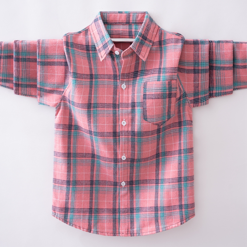 Boys' Brushed Long-Sleeved Shirt, Pure Cotton Shirt, Stylish Casual Pink Plaid Top for Older Children, Spring and Autumn Style