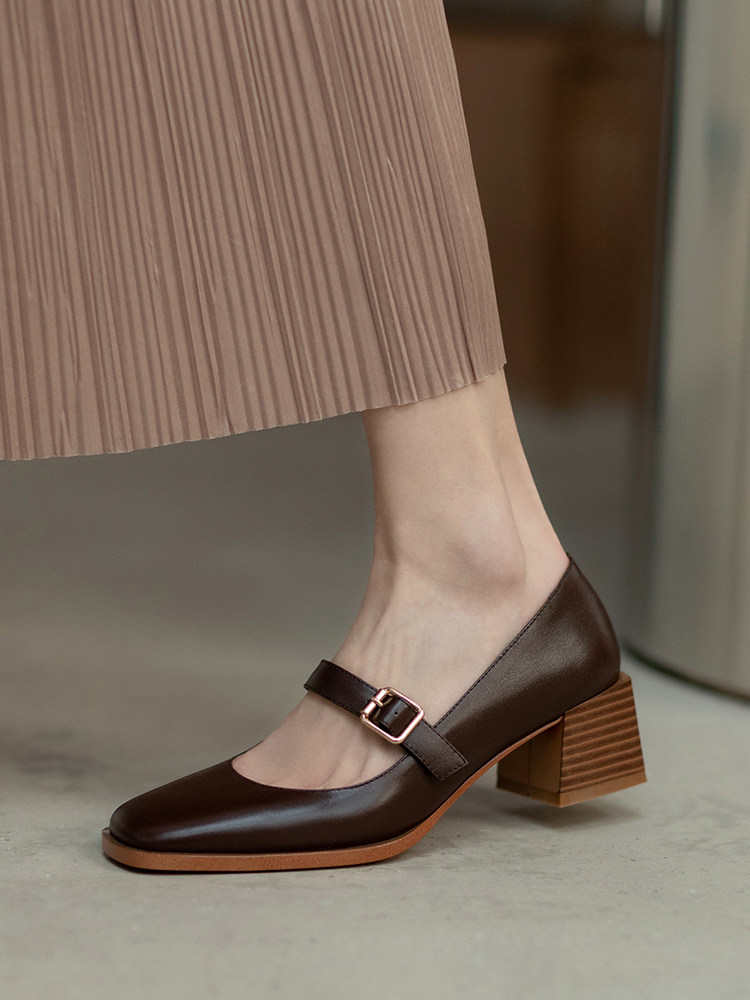 European and American retro high-heeled shoes femininity leather one-word buckle single shoes French niche design Mary Jane shoes women's shoes