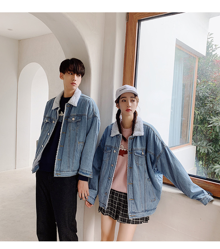 Áo khoác cùng màu mùa thu và áo khoác lông cừu mùa đông 2018 đôi áo khoác denim nam phiên bản Hàn Quốc cộng nhung dày áo phao dáng dài