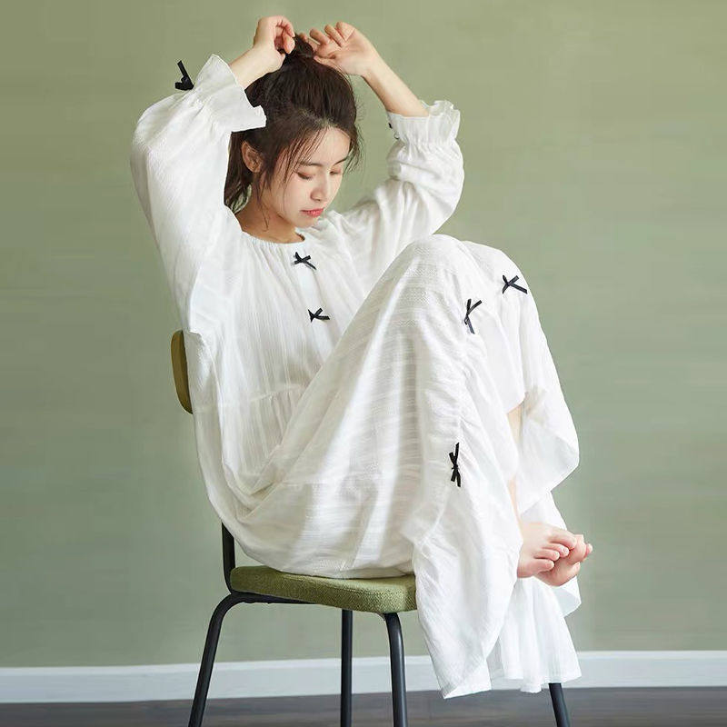 Very fairy pajamas women spring and autumn long sleeve cotton nightdress thin white Korean version cute long over-the-knee home clothes winter