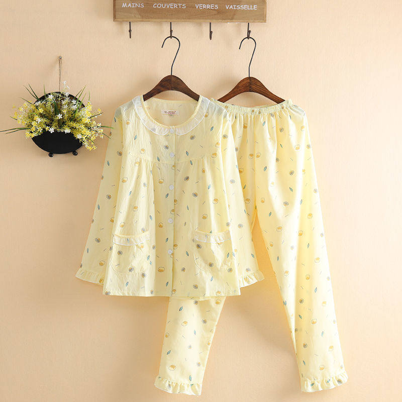 Japanese cartoon cute thin long sleeve pajamas women's spring and summer woven washed cotton pajamas homewear set