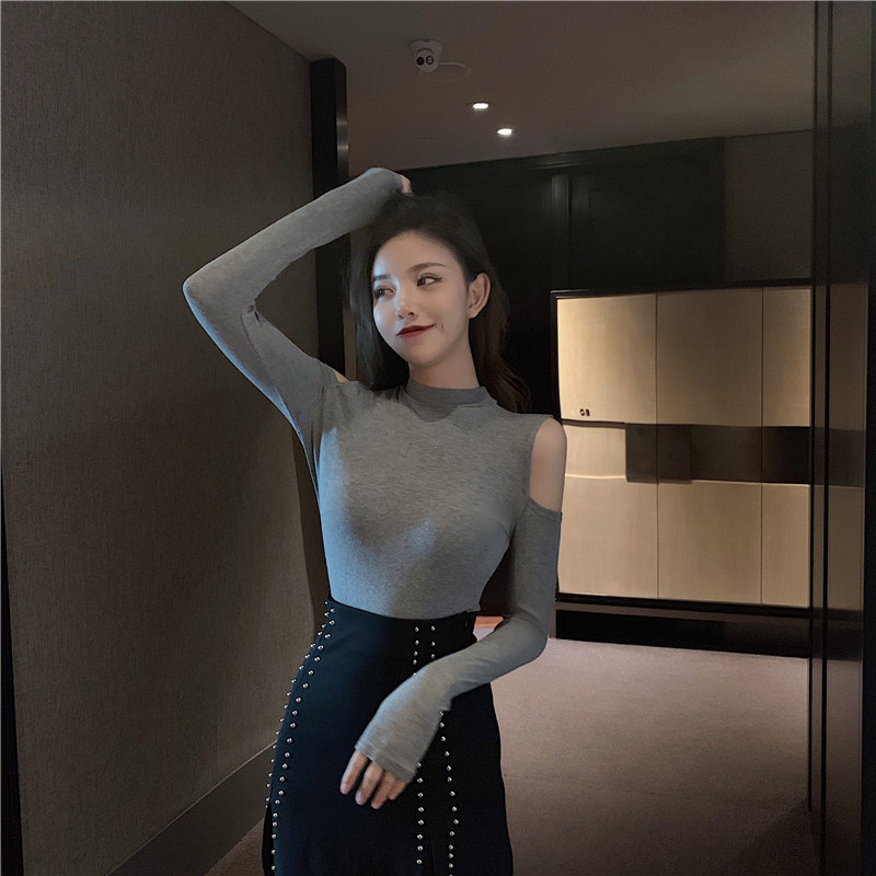 Блузка 性感露肩修身显瘦气质黑色打底衫女体恤上衣ins百搭港风2025秋冬