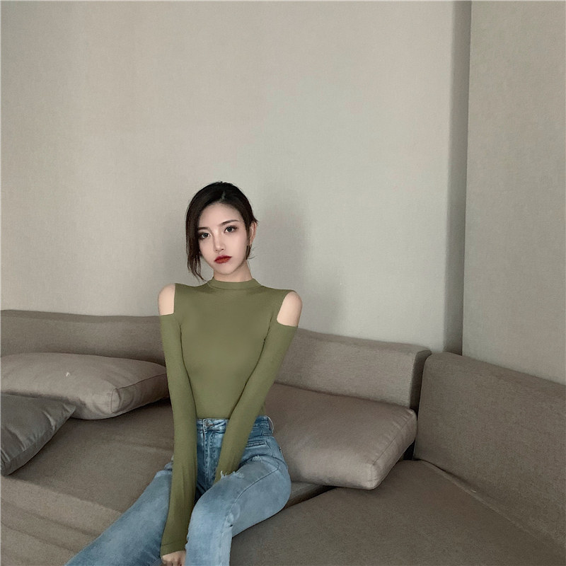 Блузка 性感露肩修身显瘦气质黑色打底衫女体恤上衣ins百搭港风2025秋冬