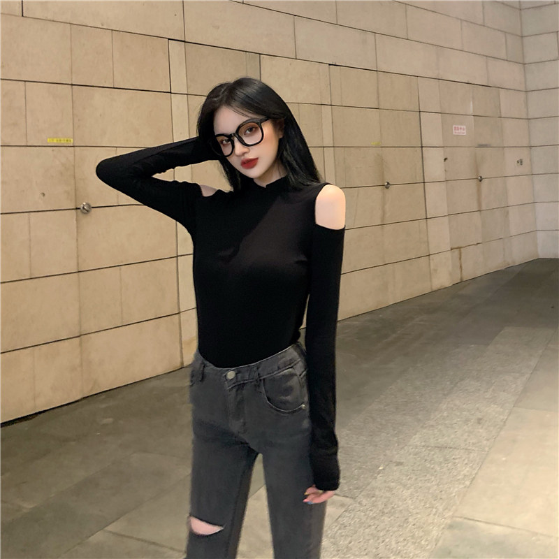 Блузка 性感露肩修身显瘦气质黑色打底衫女体恤上衣ins百搭港风2025秋冬