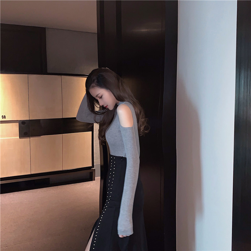 Блузка 性感露肩修身显瘦气质黑色打底衫女体恤上衣ins百搭港风2025秋冬